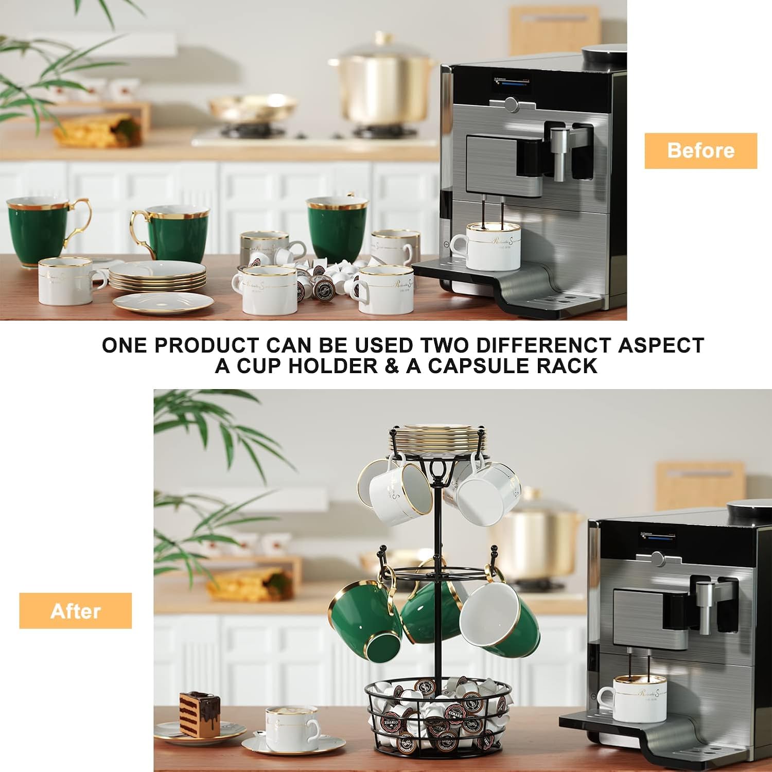 360° Rotating Coffee Mug Holder Tree | 3-Tier Metal Cup Rack with 10 Hooks, Coffee Bar Organizer Decor for Kitchen