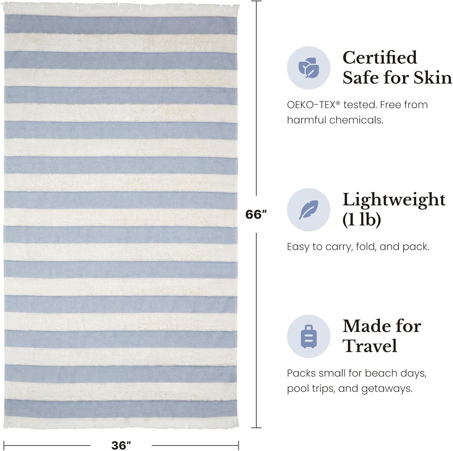 Turkish Beach Towel, 100% Organic Cotton, XL, Portable, Sky Blue, 4-Pack | Oeko-Tex Certified, No Harsh Chemicals