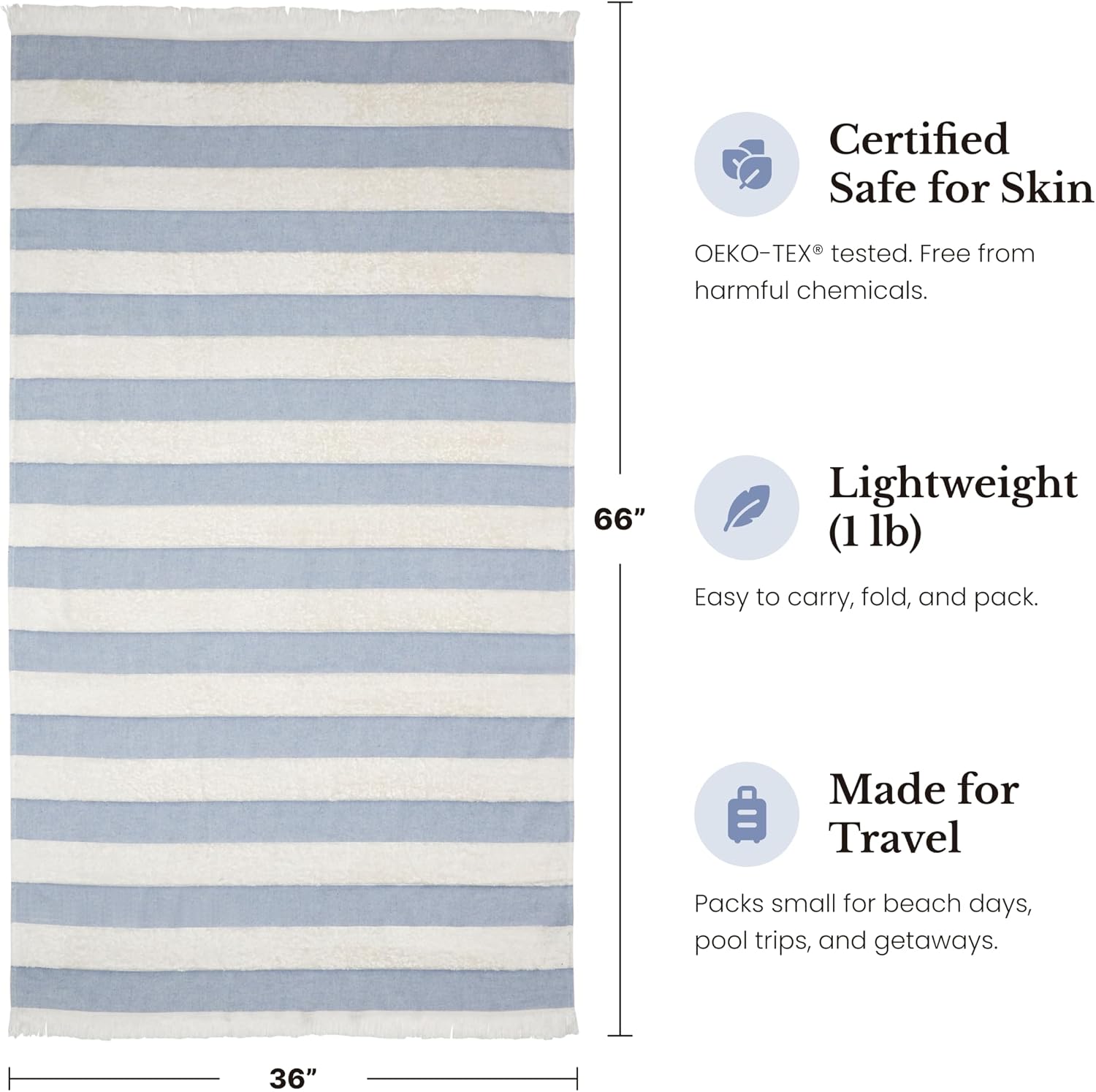 Turkish Beach Towel, 100% Organic Cotton, XL, Portable, Sky Blue, 4-Pack | Oeko-Tex Certified, No Harsh Chemicals
