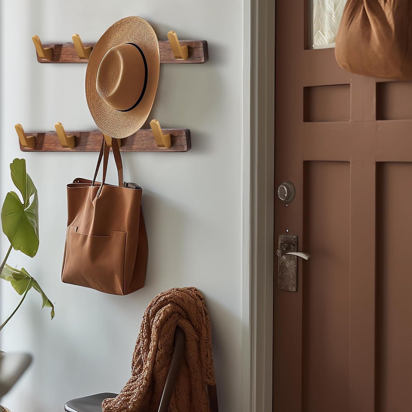 Wall Mounted Coat Rack, Metal Wood with 4 Hooks | Entryway Hanging, For Coat, Scarf, Bag, Towel, Key, Cap, Hat, Walnut