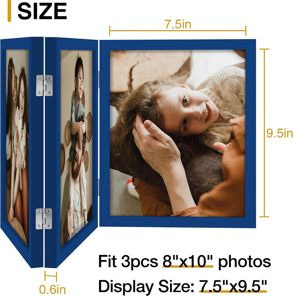 decorUhome Blue Triple 8x10 Picture Frame Vertical, MDBU08 | "Z" Shape Folding Design Engineered Wood Trifold Photo