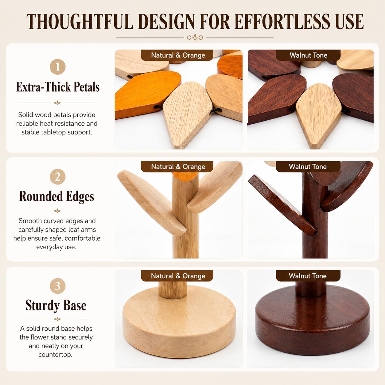 5-Piece Wooden Flower Trivets for Hot Pots and Pans / Walnut & Beech Wood