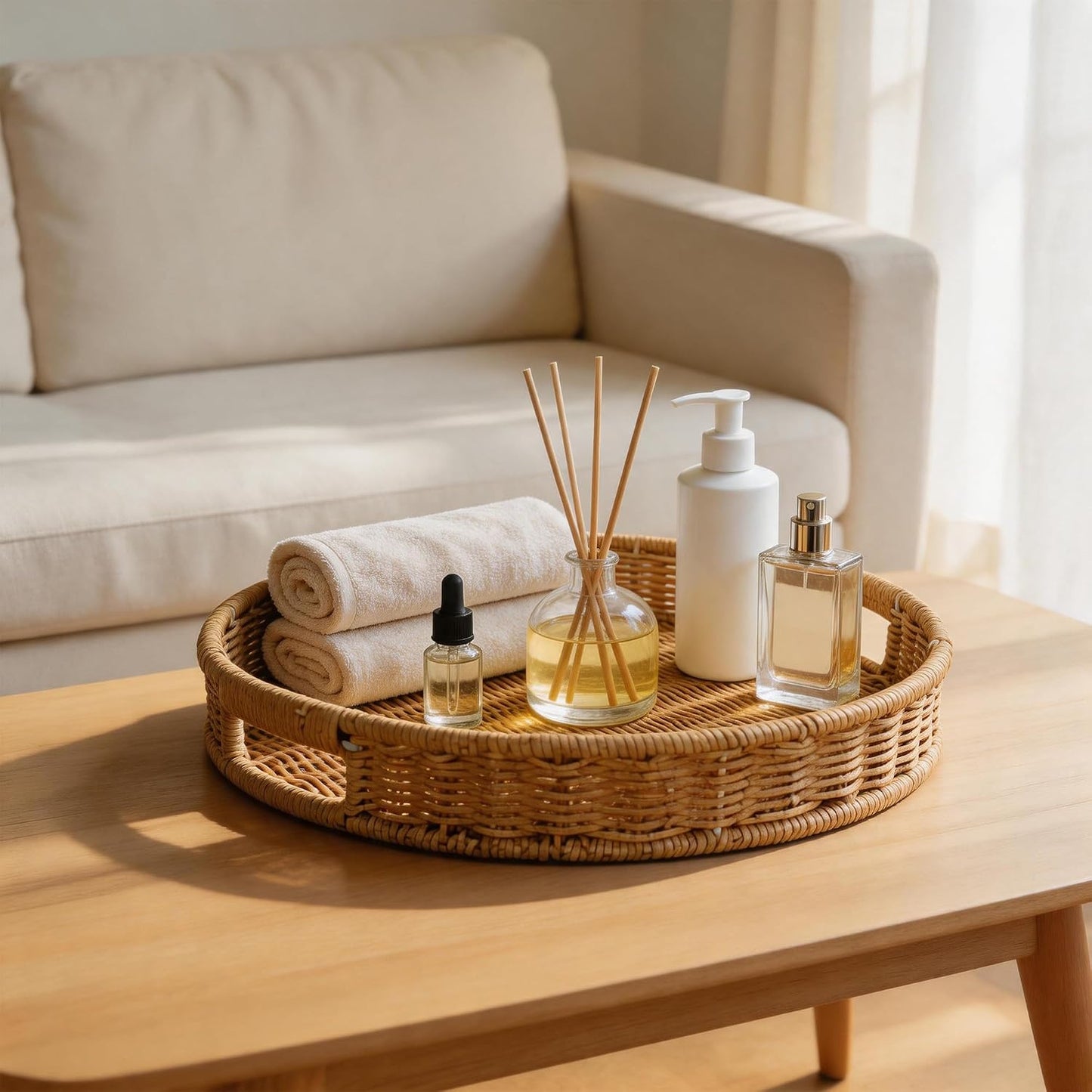 Round PP Rattan Serving Tray / Polypropylene Rattan / 11.8