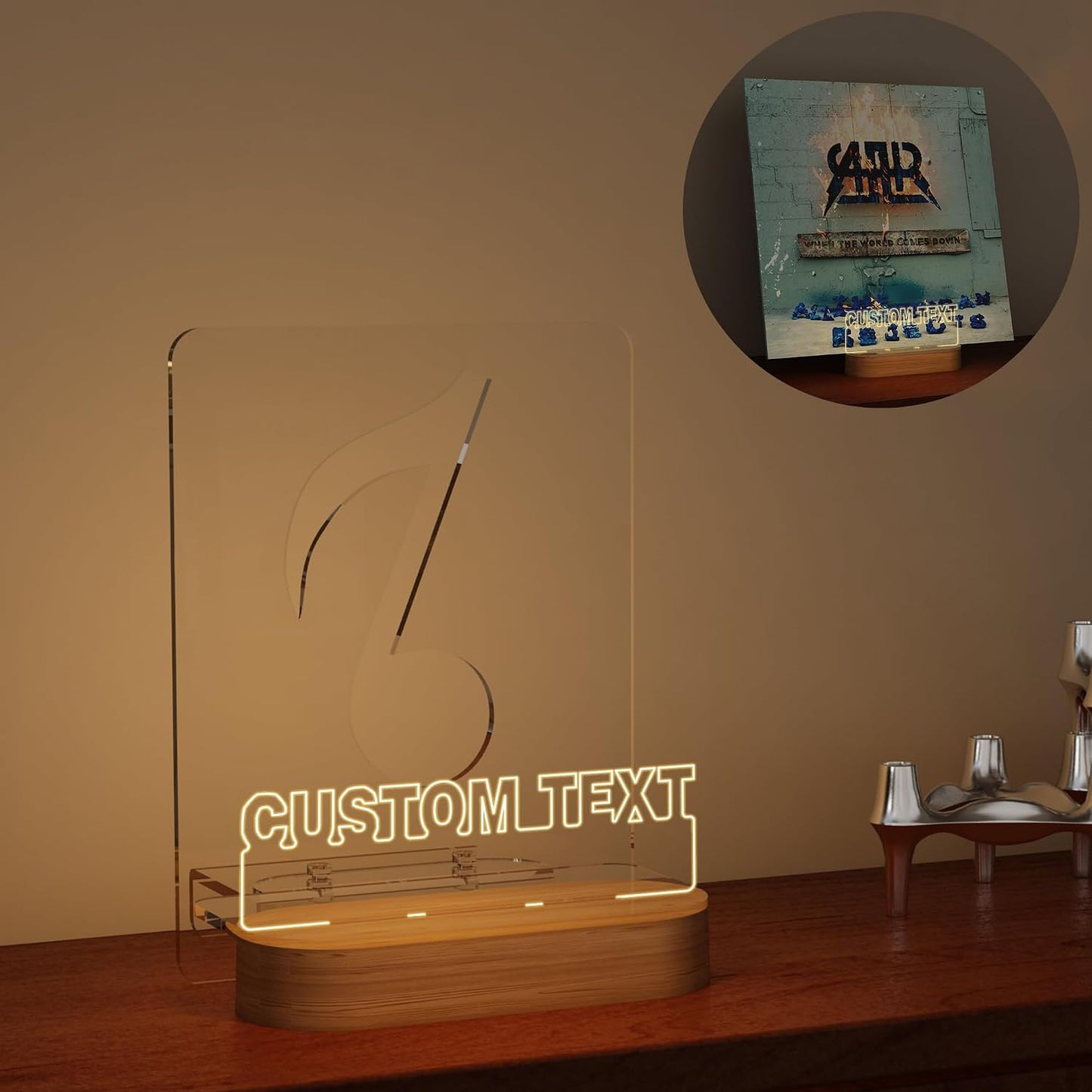 YuanDian Light up Personalised Vinyl Record Stand, Now Playing Customize Record Stand, Wooden Acrylic Holder for Vinyl