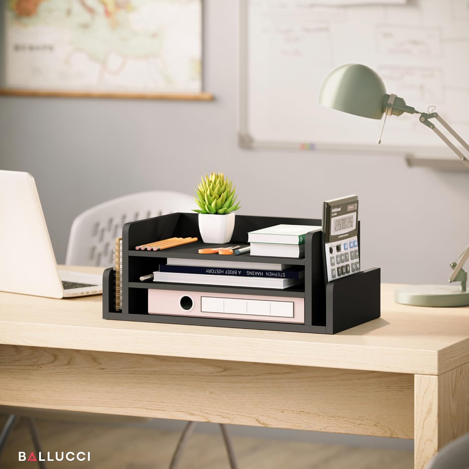 Ballucci 3-Tier Desk Organizer with 2 Side Mail Sorter Slots, Wood Letter Tray, Open Top Paper Organizer, Desktop File