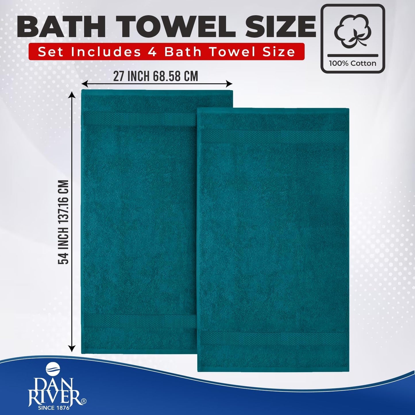 DAN RIVER 600 GSM Cotton Large Bath Towels Set of 4, 27 x 54 Inches, Teal | Larger & Lighter Weight Towels for Bathroom