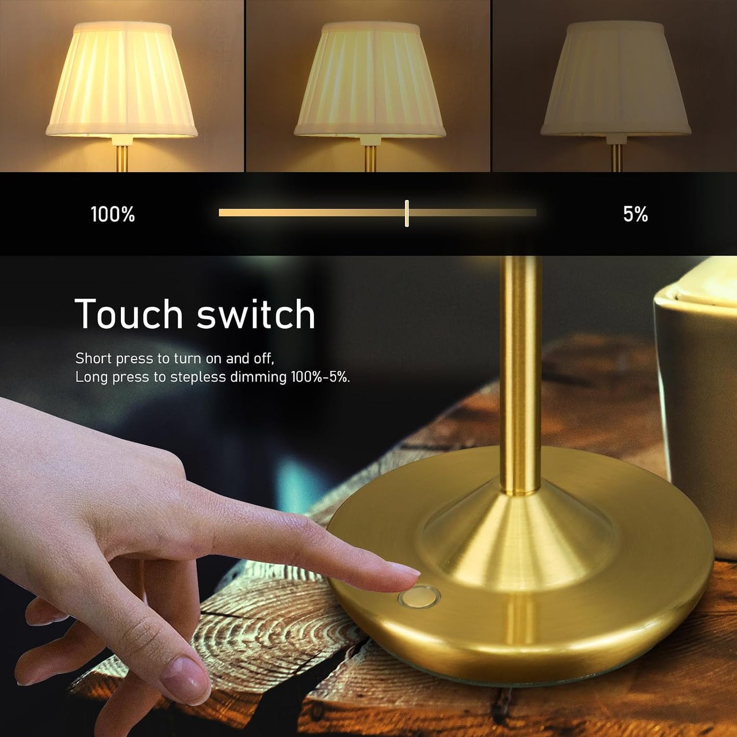 Cordless LED Touch Lamp with Dimmer Portable Small Table Lamp, 18" 2700K Rechargeable Battery Light for Bedside, Dining