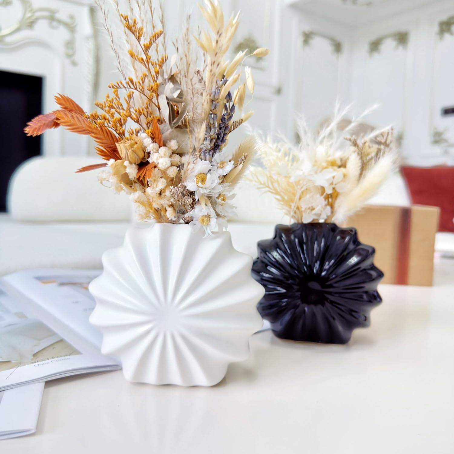 White Ceramic Vase / Style B / Black / Set of 2
