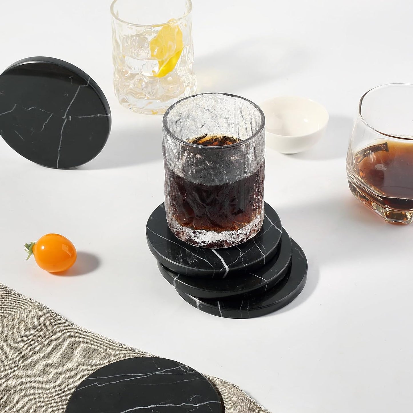 Black Marble Coasters / Nero Marquina Black / 3.9 Inch / Set of 6