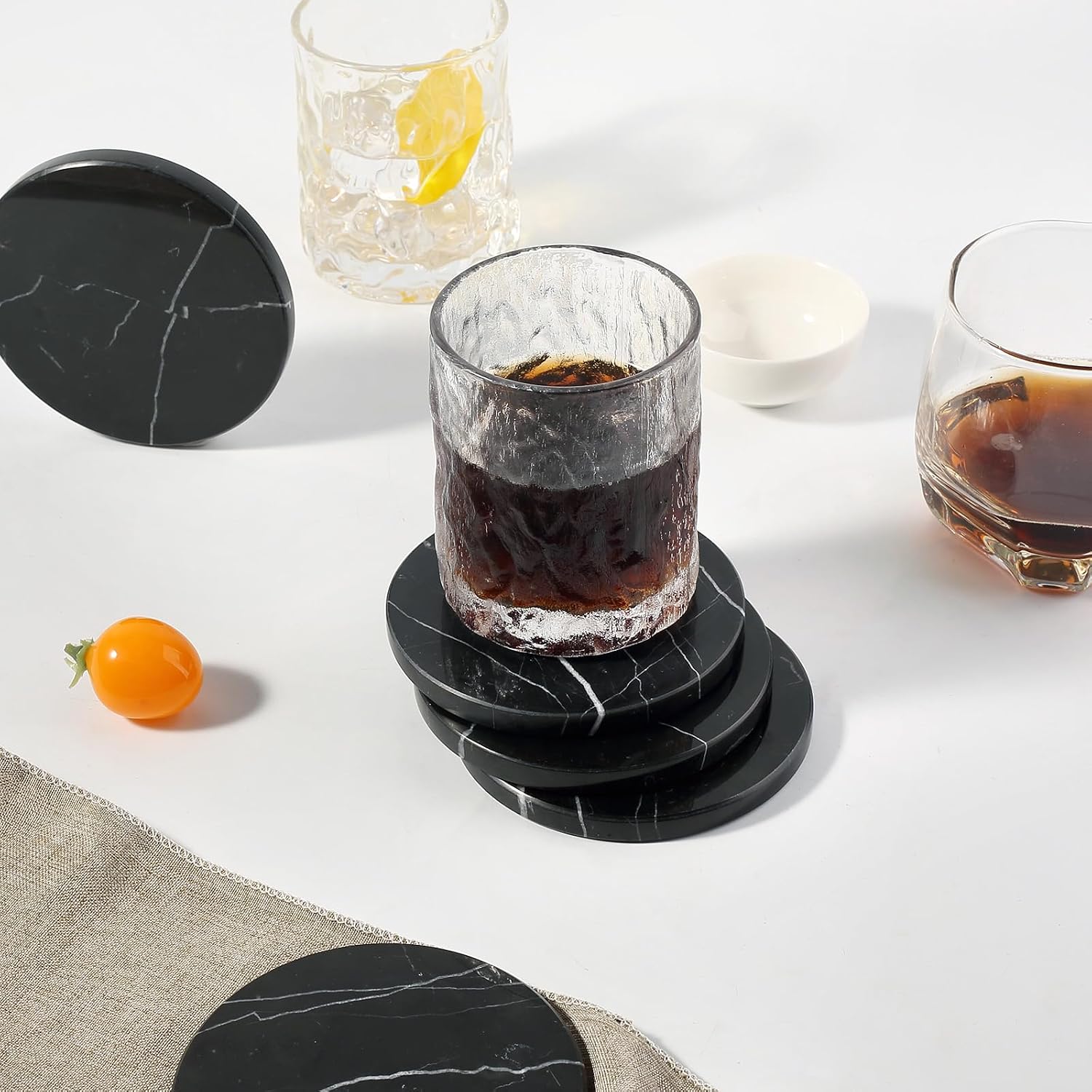 Black Marble Coasters / Nero Marquina Black / 3.9 Inch / Set of 6