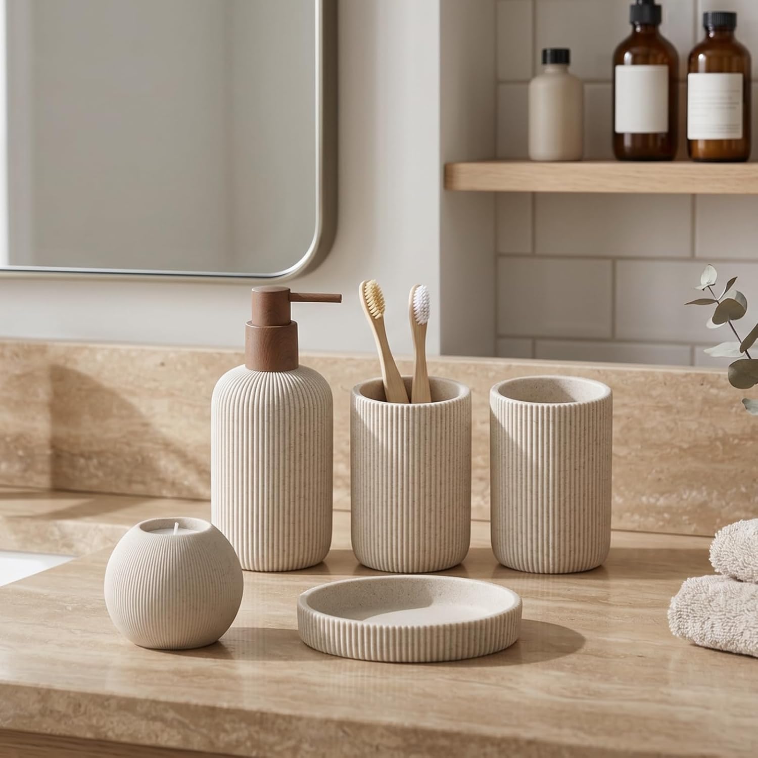 Sandstone Look Stripe Modern Bath Organizer / Beige / Set of 5