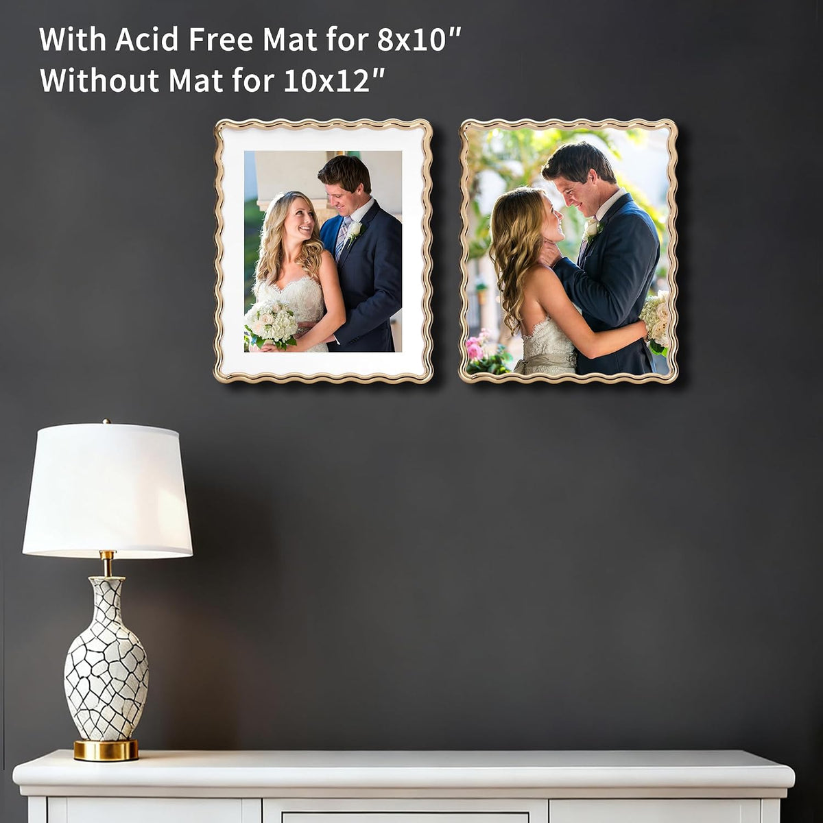 Gold 10x12'' Heavy-Duty Zinc Alloy Picture Frames with Acid Free Mat for 8x10'',Wave Design Gold Picture Frame 10x8''