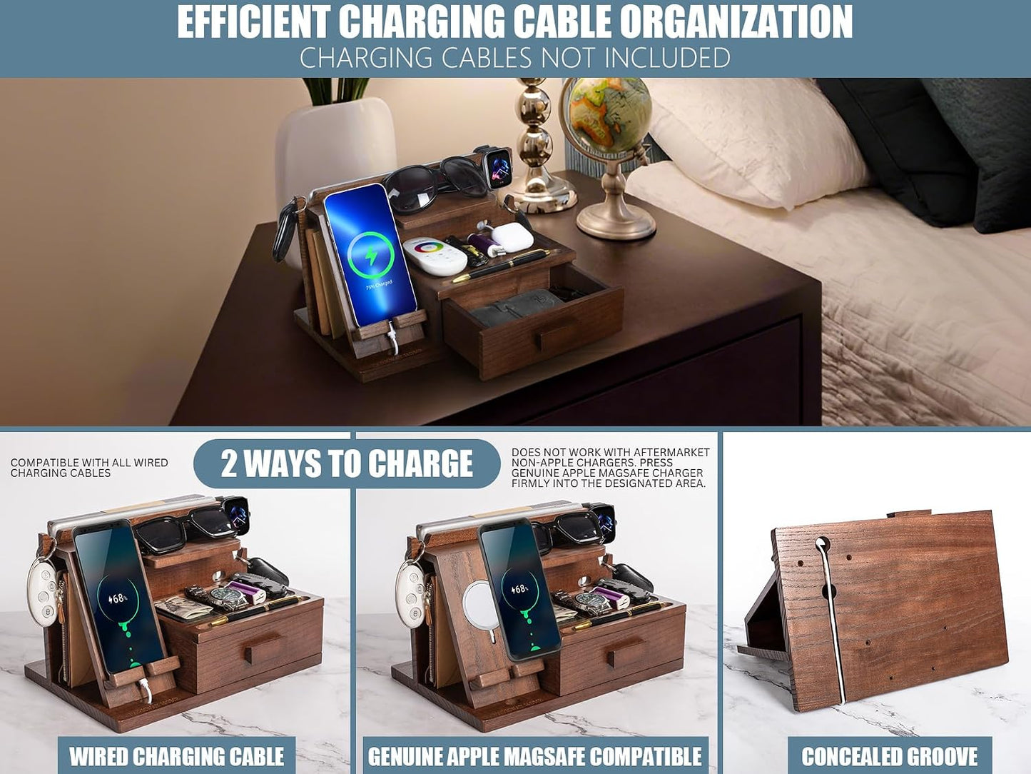 Wood Phone Docking Station with Drawer, Compatible with Apple Watch - Wood Charging Station Organizer Stand, Bedside
