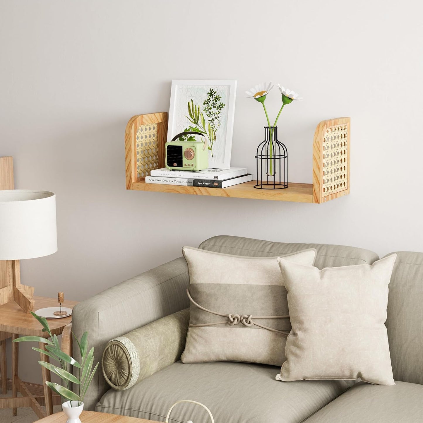 Hanging Book Shelves / Natural Rattan Wall Shelf / 5.5"D x 17.1"W x 5.9"H