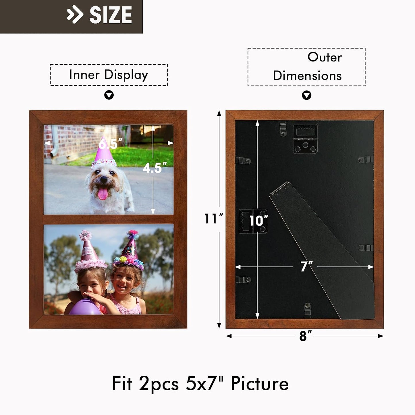 Golden State Art, 5x7 Double Picture Frame, Displays Two 5x7 Photos(Brown) | Solid Wood - Real Glass For Tabletop Or