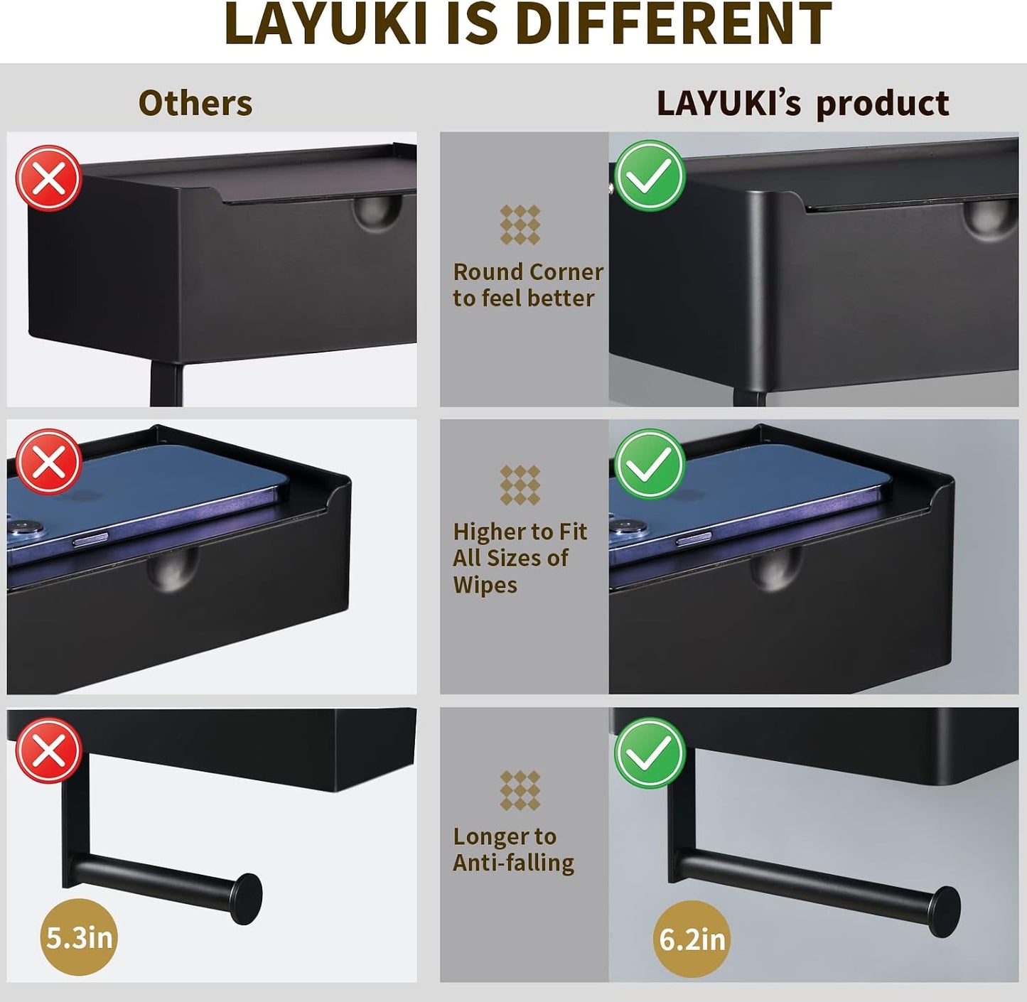 LAYUKI Toilet Paper Holder with Shelf, Wipe Holder for Bathroom, Large, Stainless Steel, Wall Mounted, Matt Black