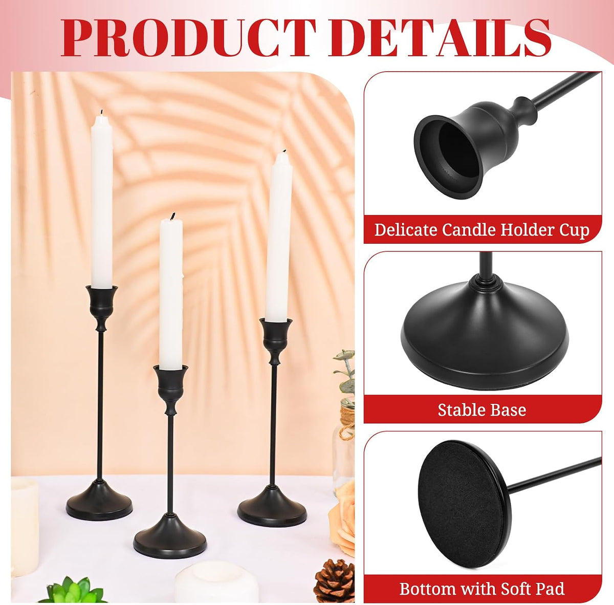 Matte Black Candlestick Holders 12 PCS,Metal Taper Candle Holder | for Pillar Candles, Reutilizable, Vintage Dining