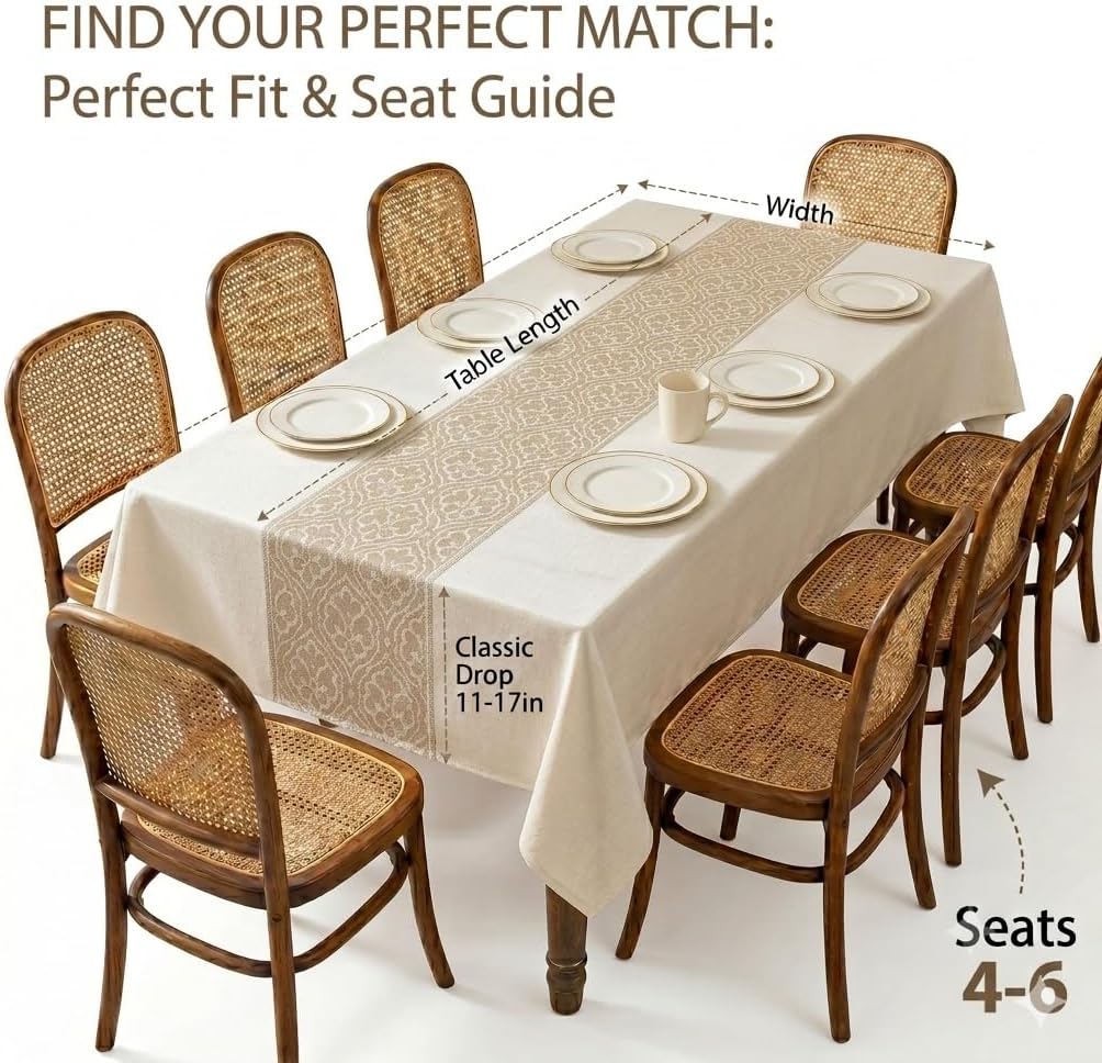 Boho Faux Linen Tablecloth, Rectangle Vintage Geometric Cover | Spillproof & Wrinkle Free Minimalist Center Table Cloth