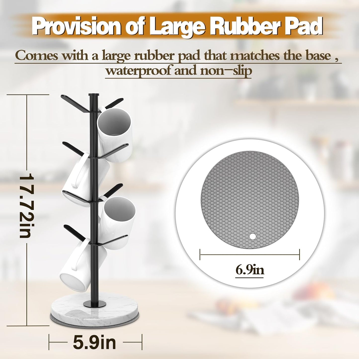 Marble Mug Holder Tree with 2–8 Adjustable Hooks | Detachable Stainless Steel Coffee Cup Stand with Modular Height and