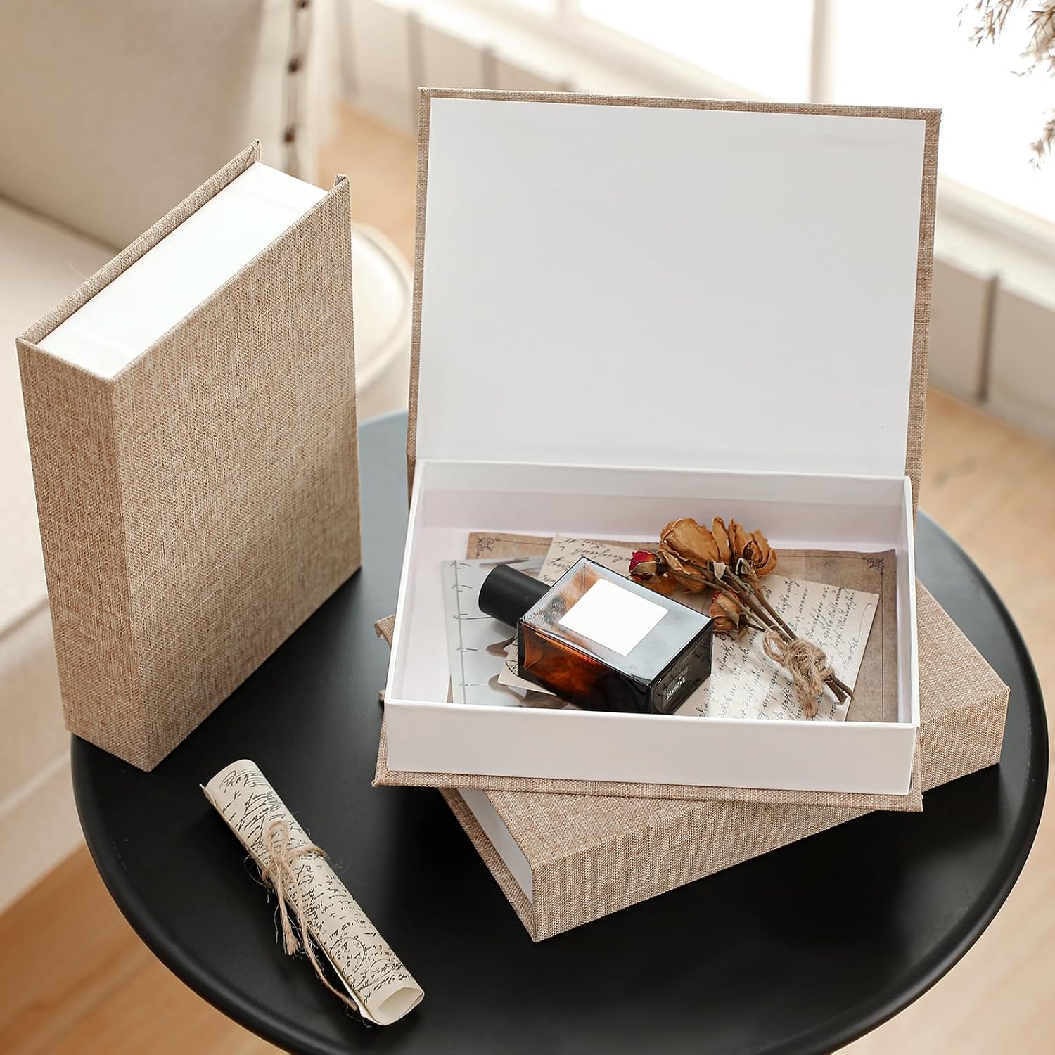 Fake Book Box Neutral Linen Book Box Decorative Faux Prop / 8.6 x 6.1 x 1.8 / Khaki / Set of 3