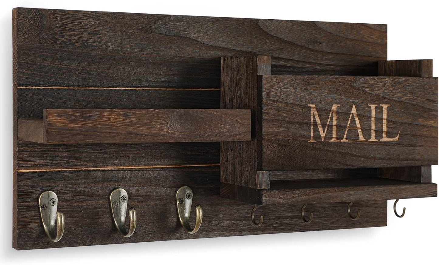 Shelf Includes Letter Holder and Hooks for Hallway Farmhouse / Brown