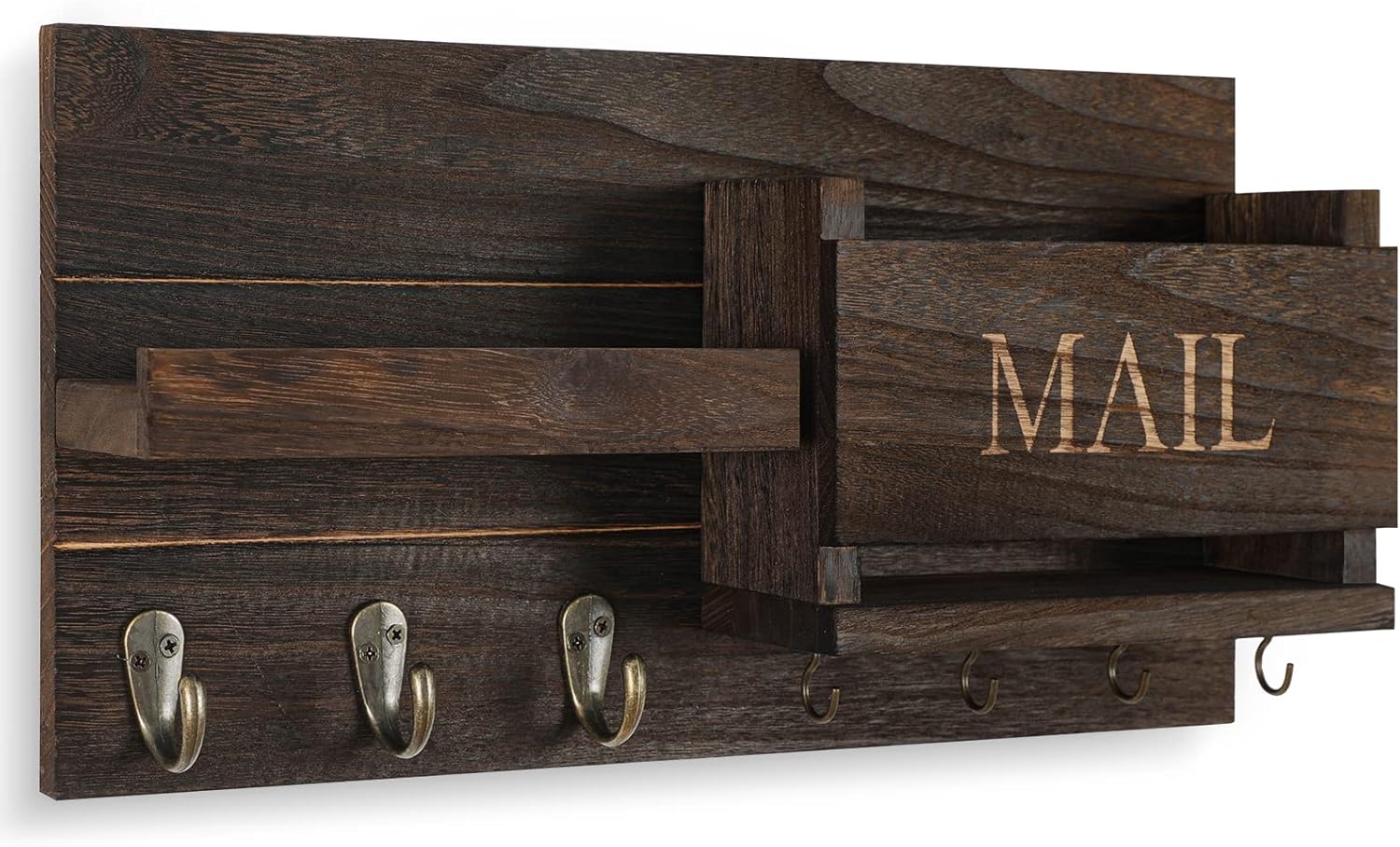 Shelf Includes Letter Holder and Hooks for Hallway Farmhouse / Brown