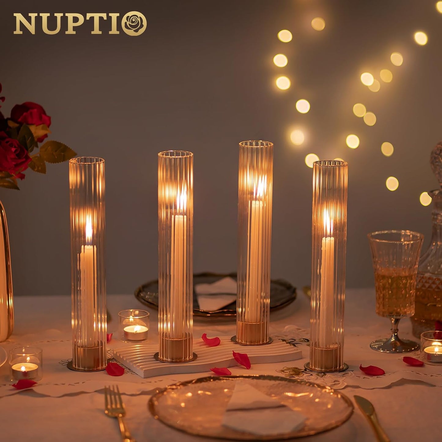 NUPTIO Candlestick Holder with Fluted Hurricane: Set of 6 Metal Candle Holders with Glass Cylinders - Gold Taper