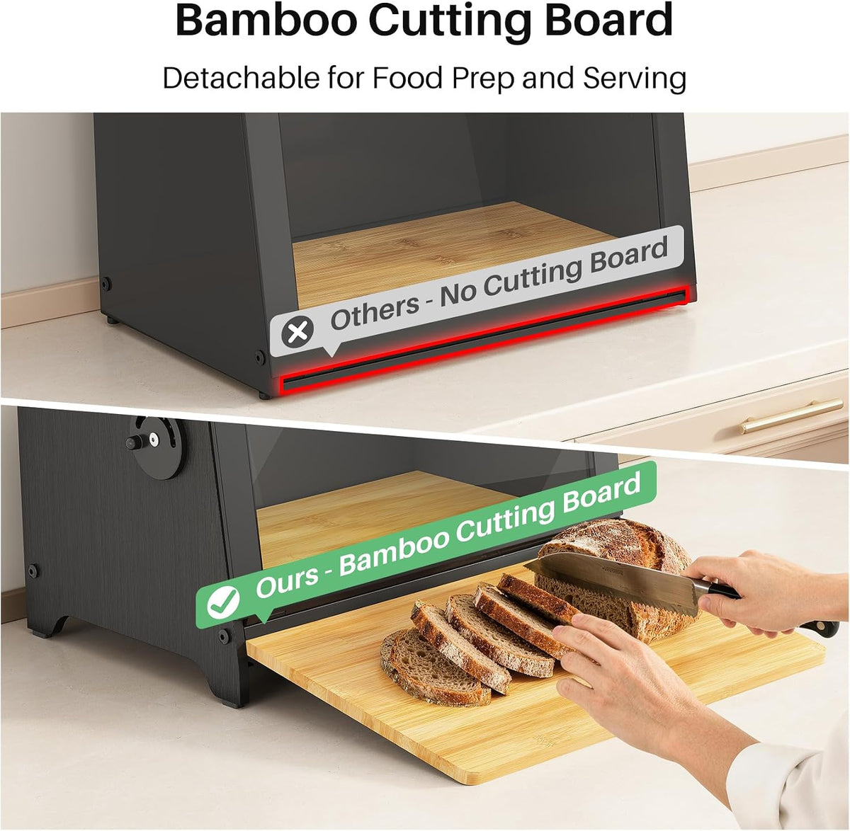 SNTD Bread Box for Kitchen Countertop, Bamboo Cutting Board, 1 Tier, Black | Adjustable Vent Hole, Airtight Design