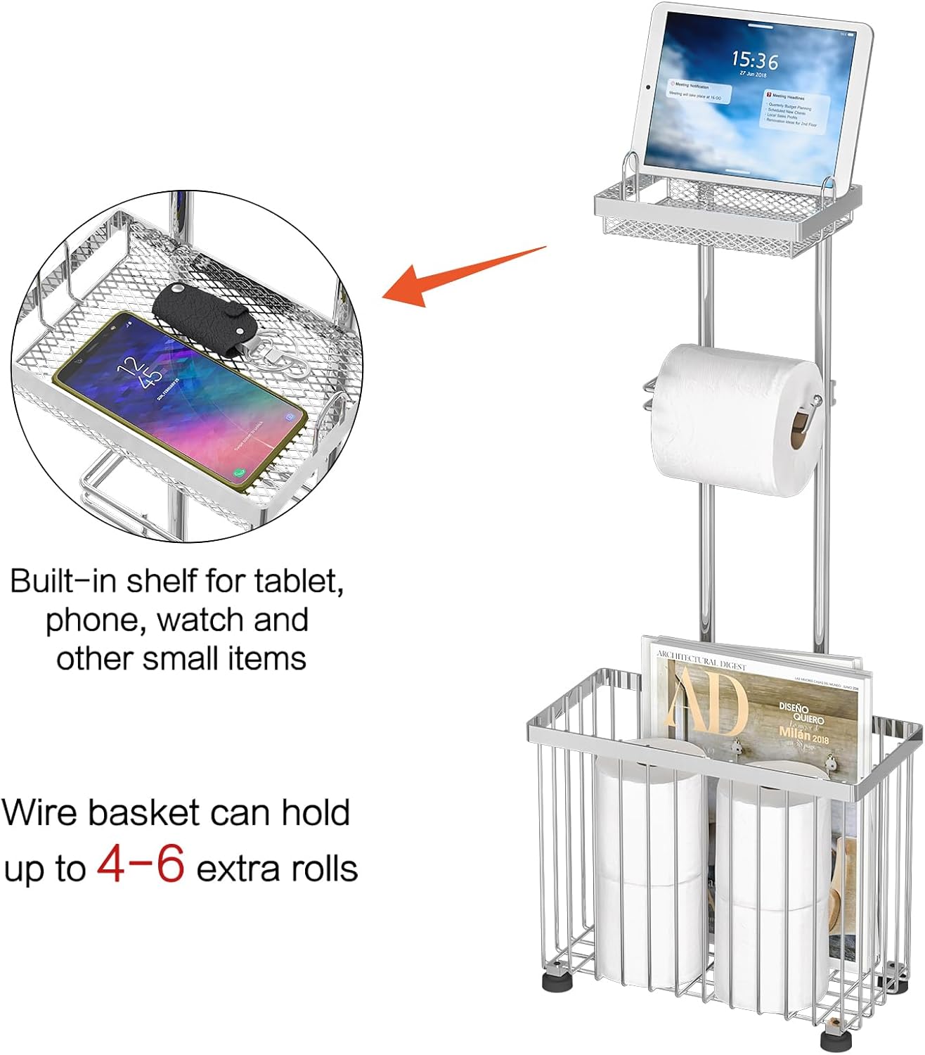 Freestanding Toilet Paper Holder Toilet Tissue Rack Scroll Stand Roll Dispenser with Storage Shelf Reserve for Phone