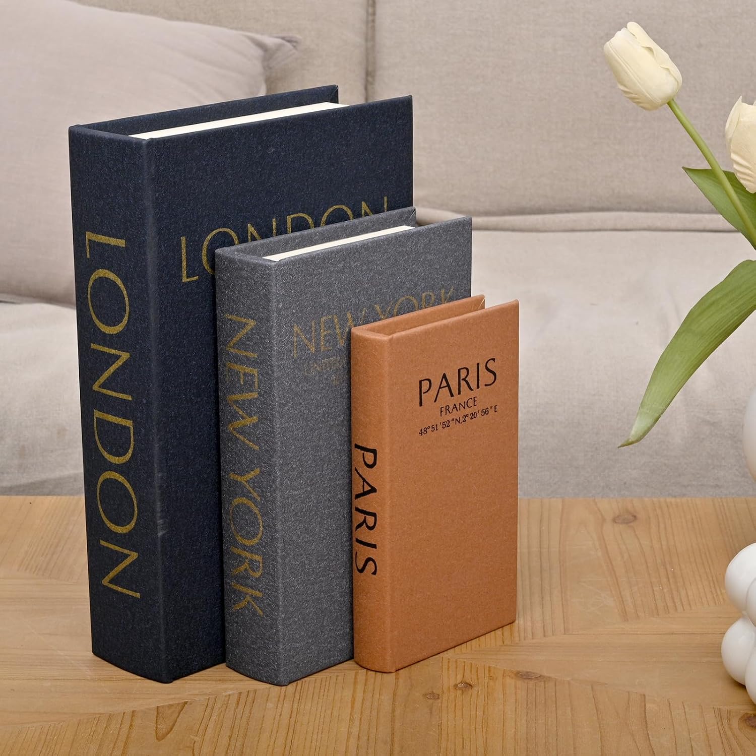 Faux Book Decor / Navy, Grey & Tan / Set of 13