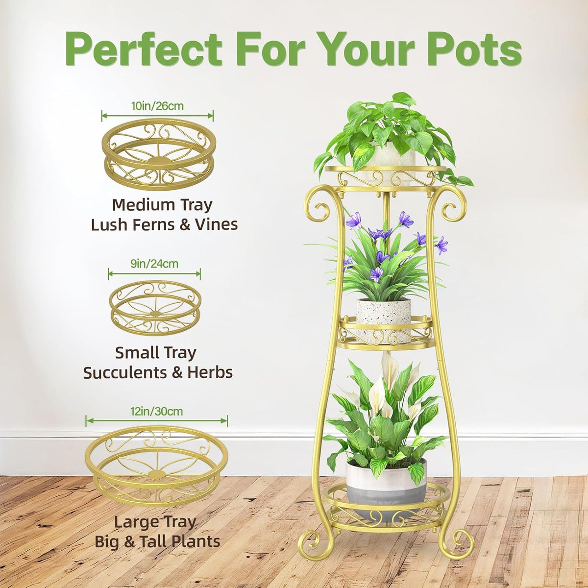 iDavosic.ly 3 Tier Tall Metal Plant Stand Outdoor Indoor, 34 Inch, Gold | Corner Flower Pot Holder Shelf, Wrought Iron