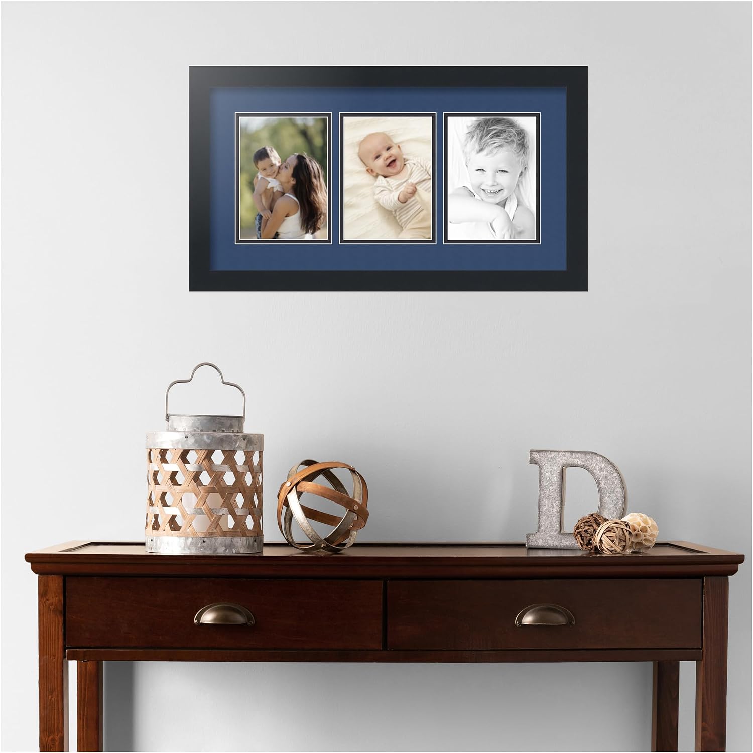 ArtToFrames Collage Picture Frame 3 Opening 3-5x7 Photo Frame | Made in USA | Black Frame Delft Blue and Black Mats