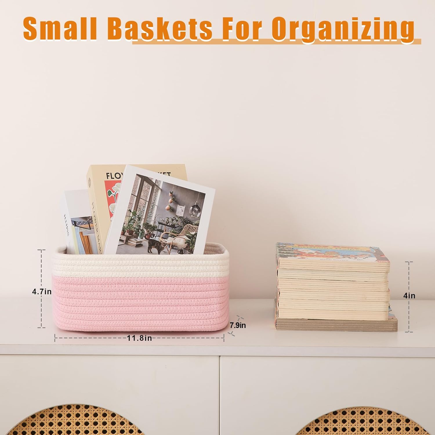 Small Bins / Organizer Baskets / Pink/white / 11.8"*7.8"*4.7 / Set of 4