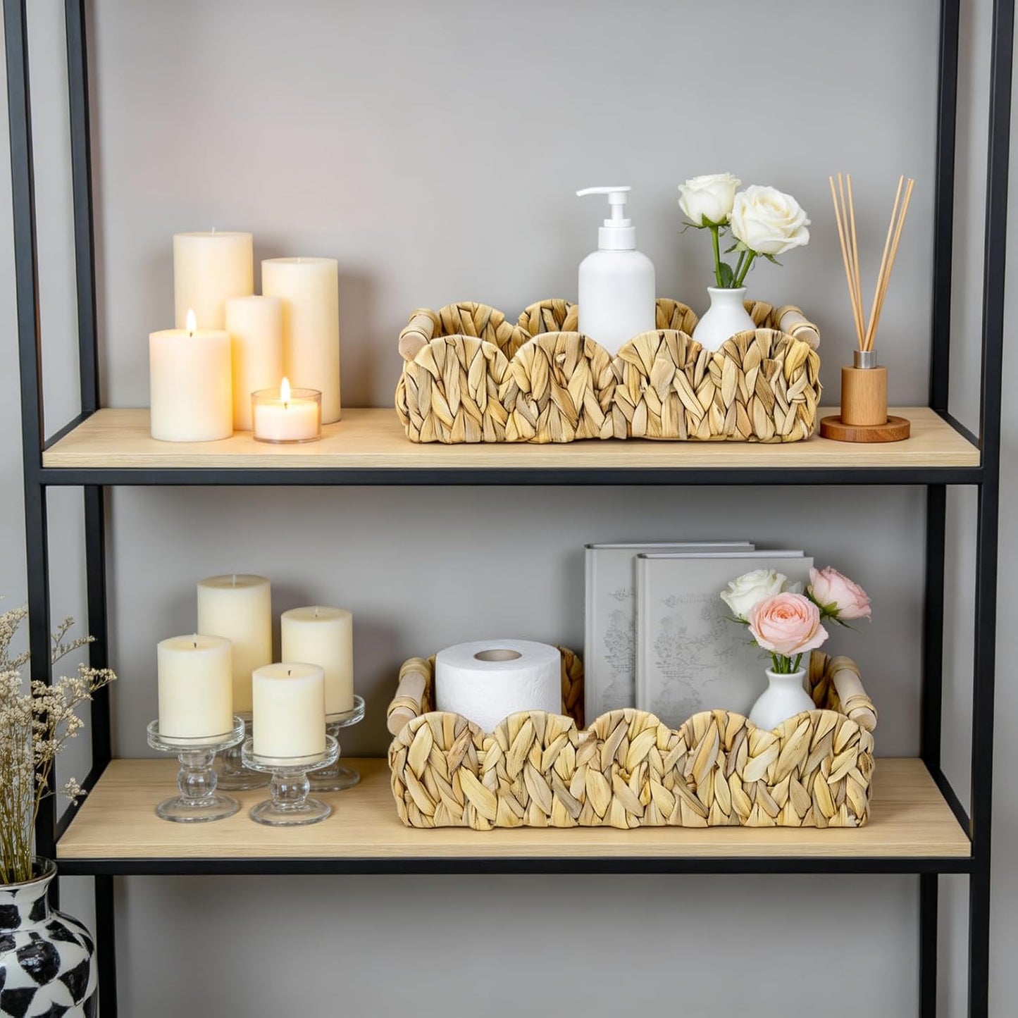 Modern Farmhouse Home Decor Scalloped Basket for Organizing / 14.76 x 7.08 x 3.937 / Set of 2