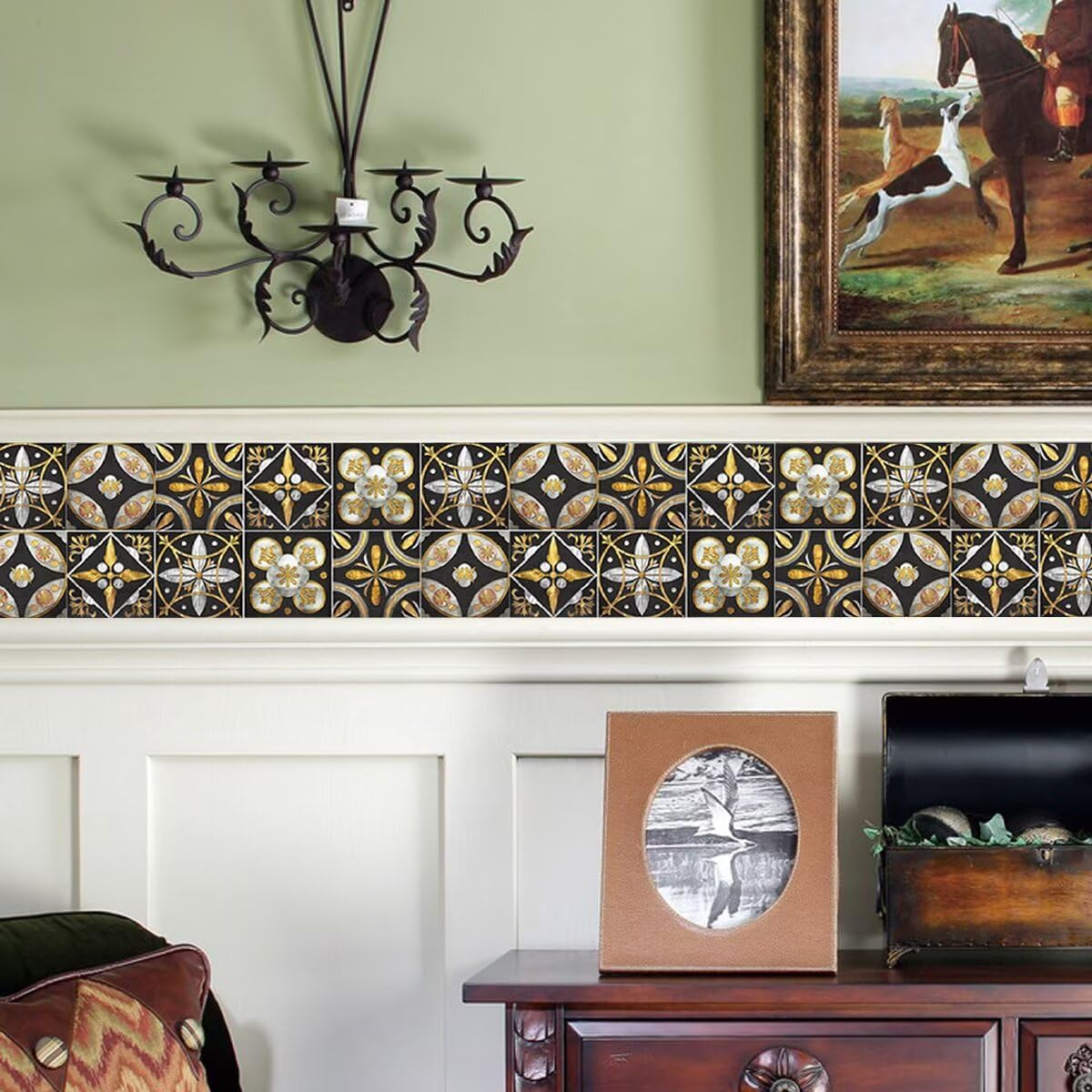 Self-Adhesive Vintage Moroccan Tile Decals Peel / 15cm * 15cm / Gold Black / 6 x 6 / Set of 10