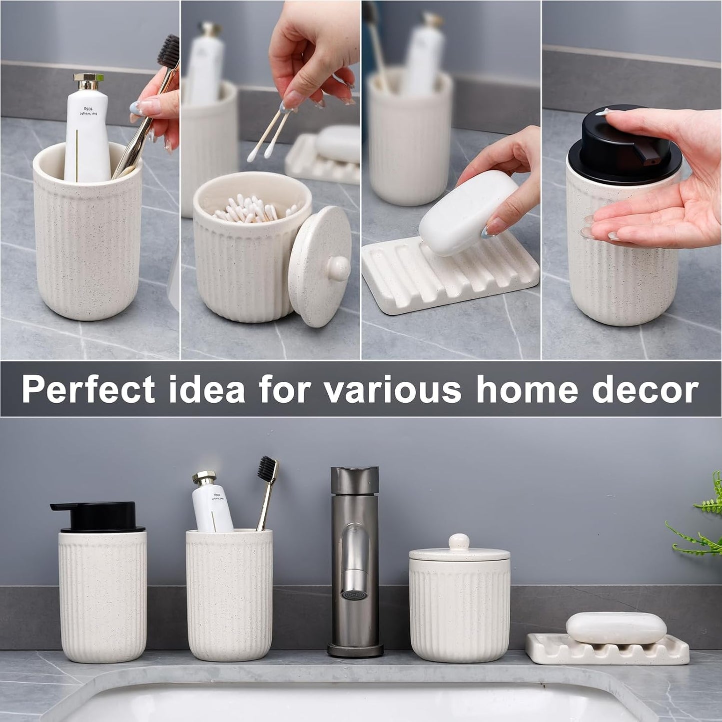 BosilunLife Striped Beige Ceramic Bathroom Accessories Set of 4 | Bathroom Decor Sets Accessories Bathroom Lotion Soap