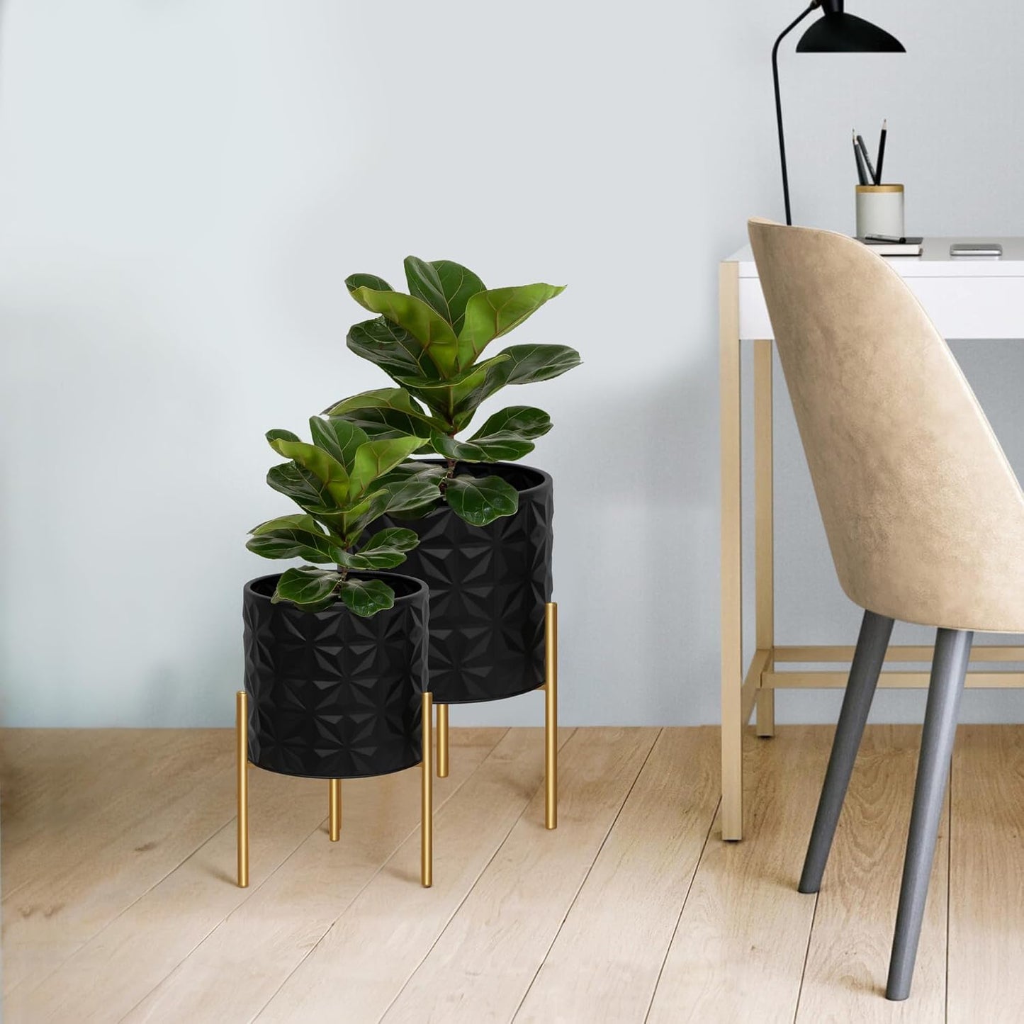 ARNIS Modern Planter Pots, Set of 2 Large Planters with Stand, Decorative Planters, Metal Pots with Drainage Holes for