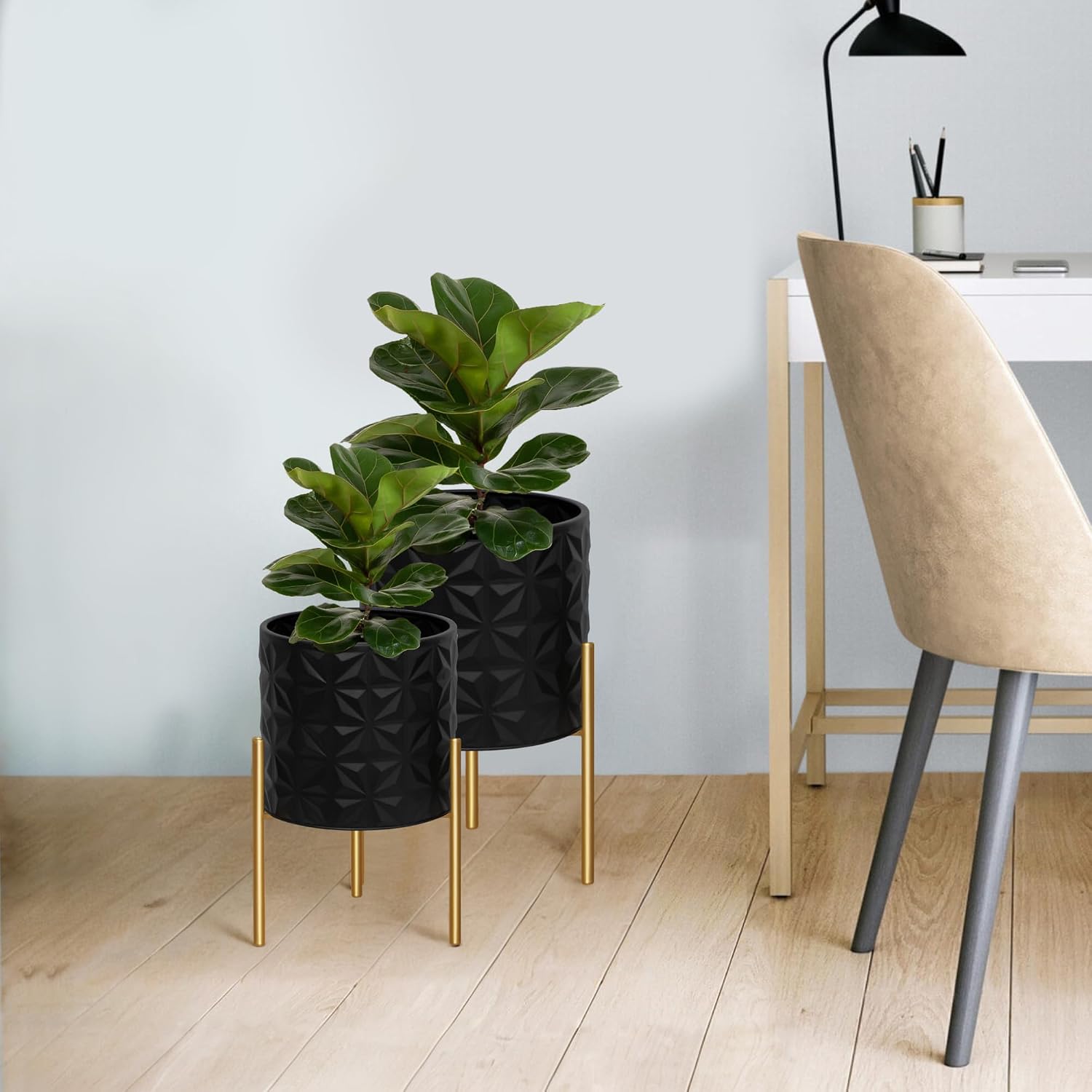 ARNIS Modern Planter Pots, Set of 2 Large Planters with Stand, Decorative Planters, Metal Pots with Drainage Holes for