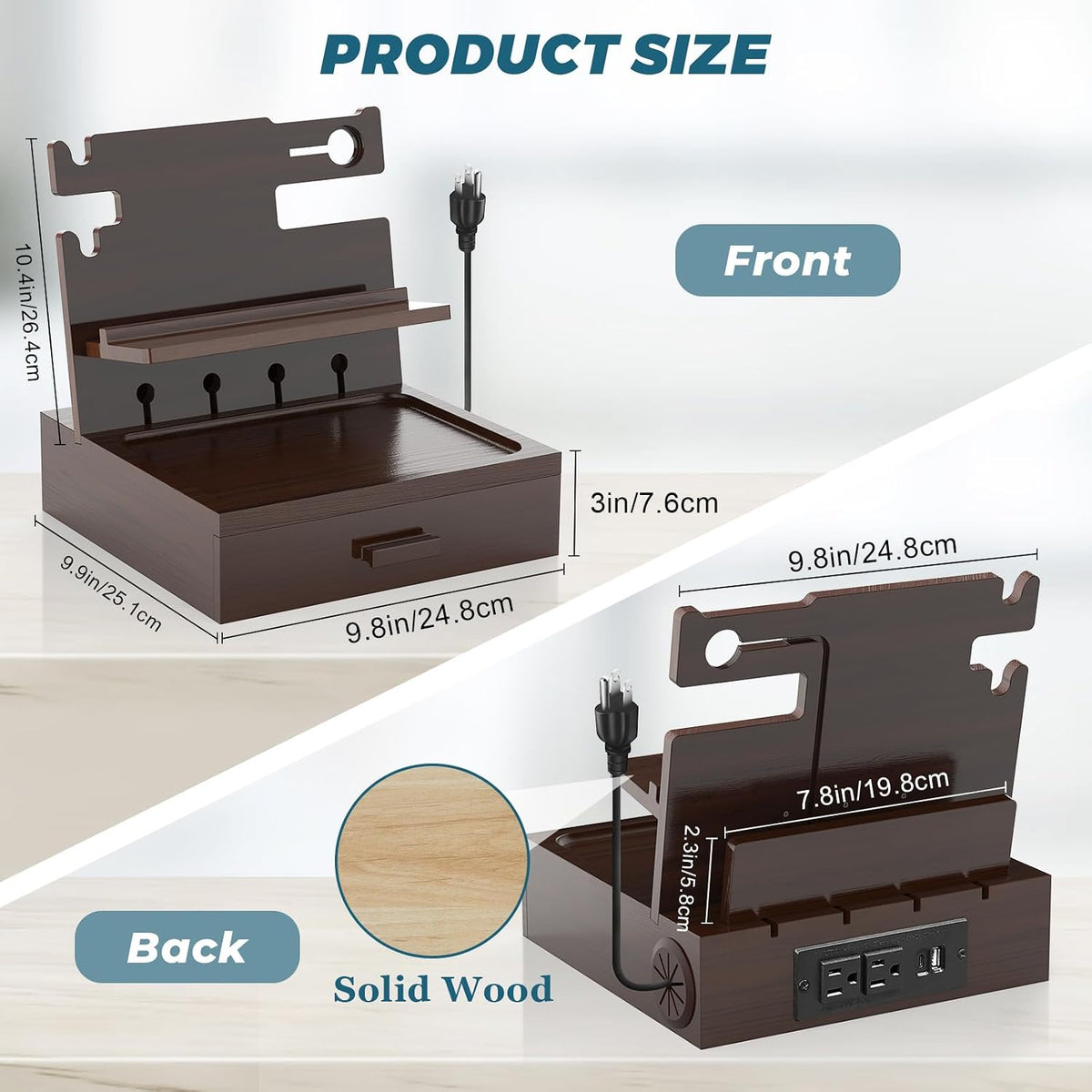 Nightstand Organizer for Men with Drawer, Wood Docking Station (Brown) | Wood Docking Station with USB Ports and AC