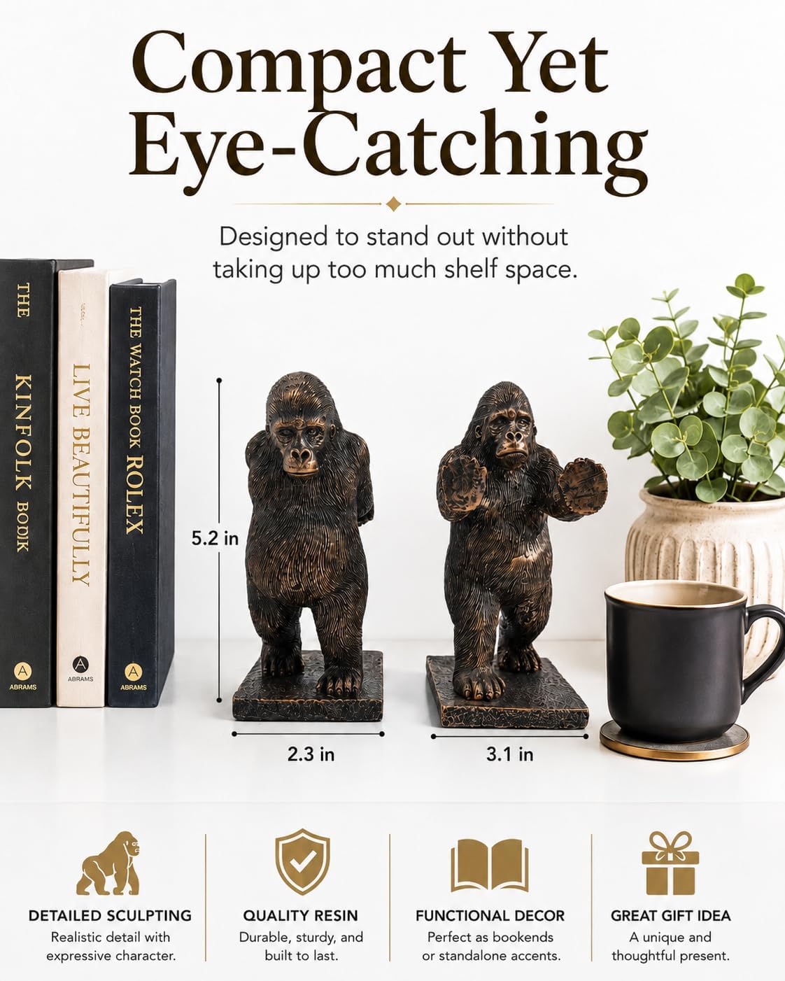 Resin Bookends / Realistic Heavy Animal Sculpture Decorative Book Ends / Gorilla / Bronze / Set of 2