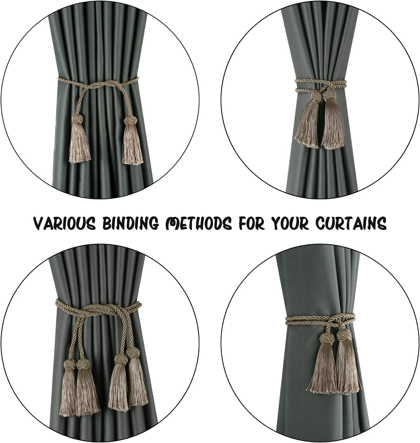 BEL AVENIR 6 Pack Handmade Rope Tassel Curtain Tiebacks | Decorative Curtain Holdbacks with Tassel (Flaxen, 6 Pack)