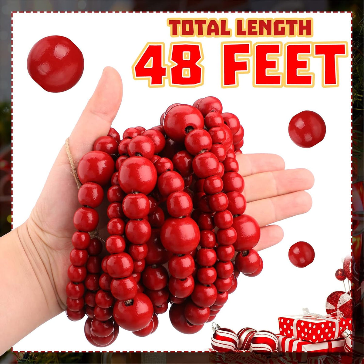 Yinder 4 Pcs 48 ft Red Wood Bead Garland for Christmas Tree Rustic Wooden Christmas Garland Decorations Natural Wall