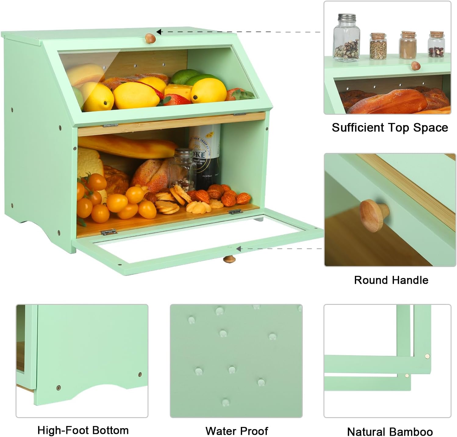 HOMEKOKO Double Layer Bread Boxes for Kitchen Countertop, Mint Green | Keeps Bread Fresh 3-4 Days, Large Capacity Fits