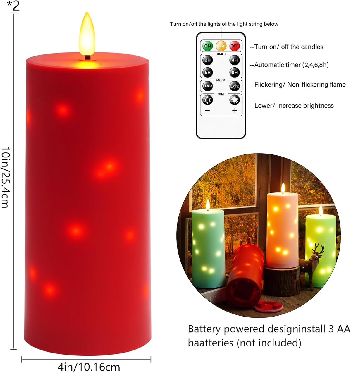 kakoya 10" x 4" Large Outdoor Waterproof Flickering Flameless Candles with Timer,2Pcs Battery Operated LED Pillar