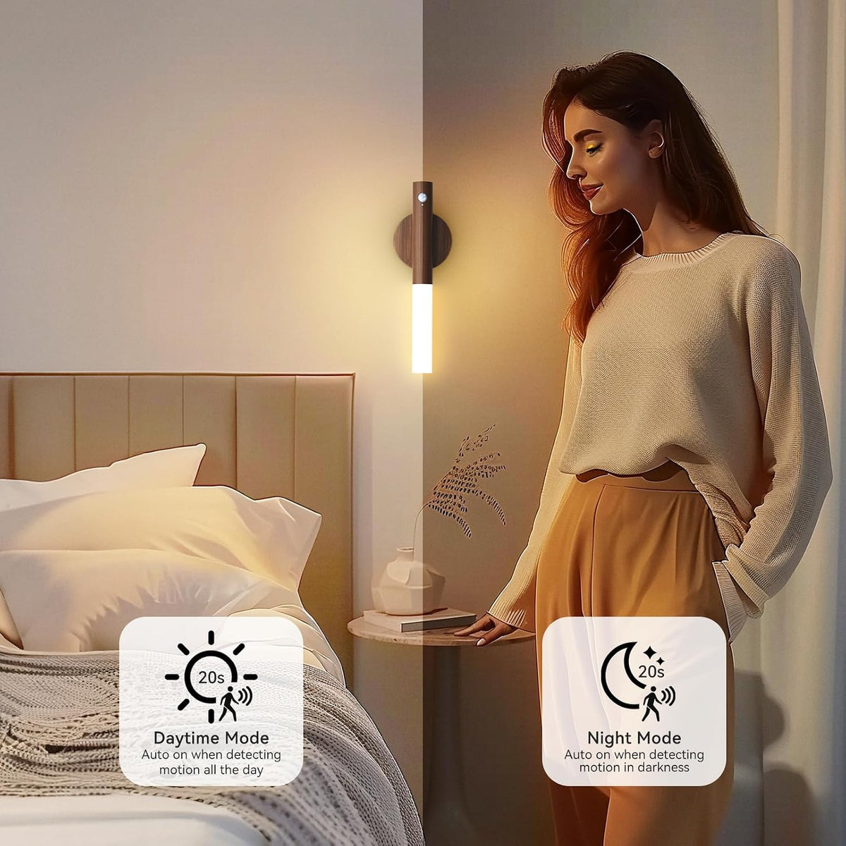 Wooden Motion Sensor Lights Indoor - Magnet Body Hallway Rechargeable LED Wireless Battery Operated Wall Sconce