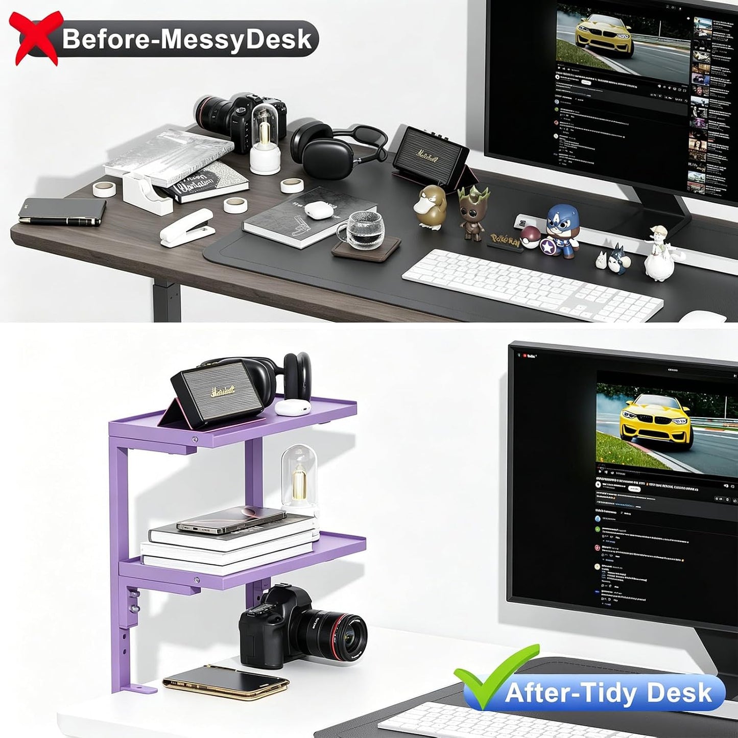 2-Tier Desk Shelf | Desk Organization Expandable Clamp on Desk Shelf Desktop Accessories for Offices and Game Rooms