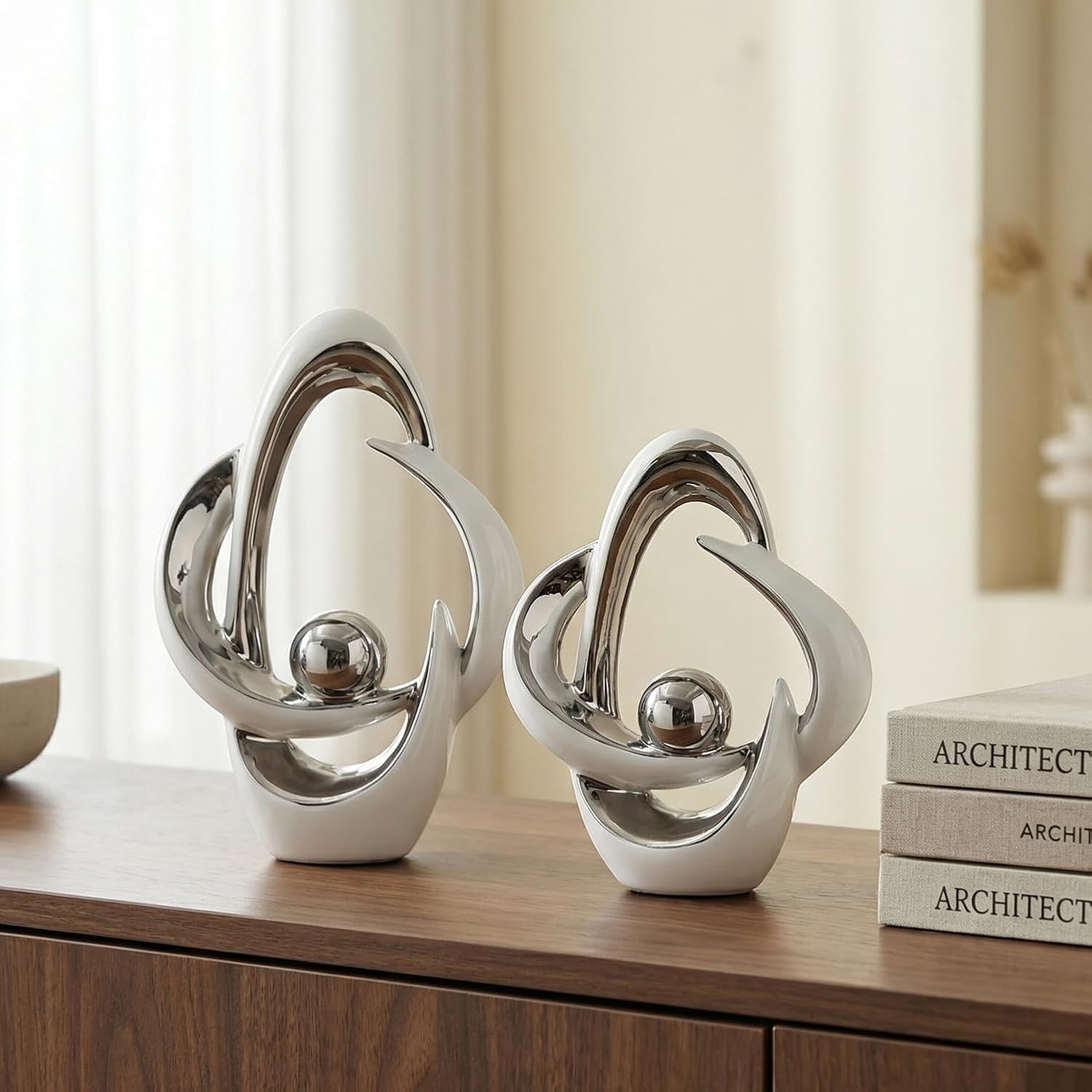 Ceramic Statues Home Decor Modern Aesthetic Abstract Art Decorative / White and Silver / Set of 2