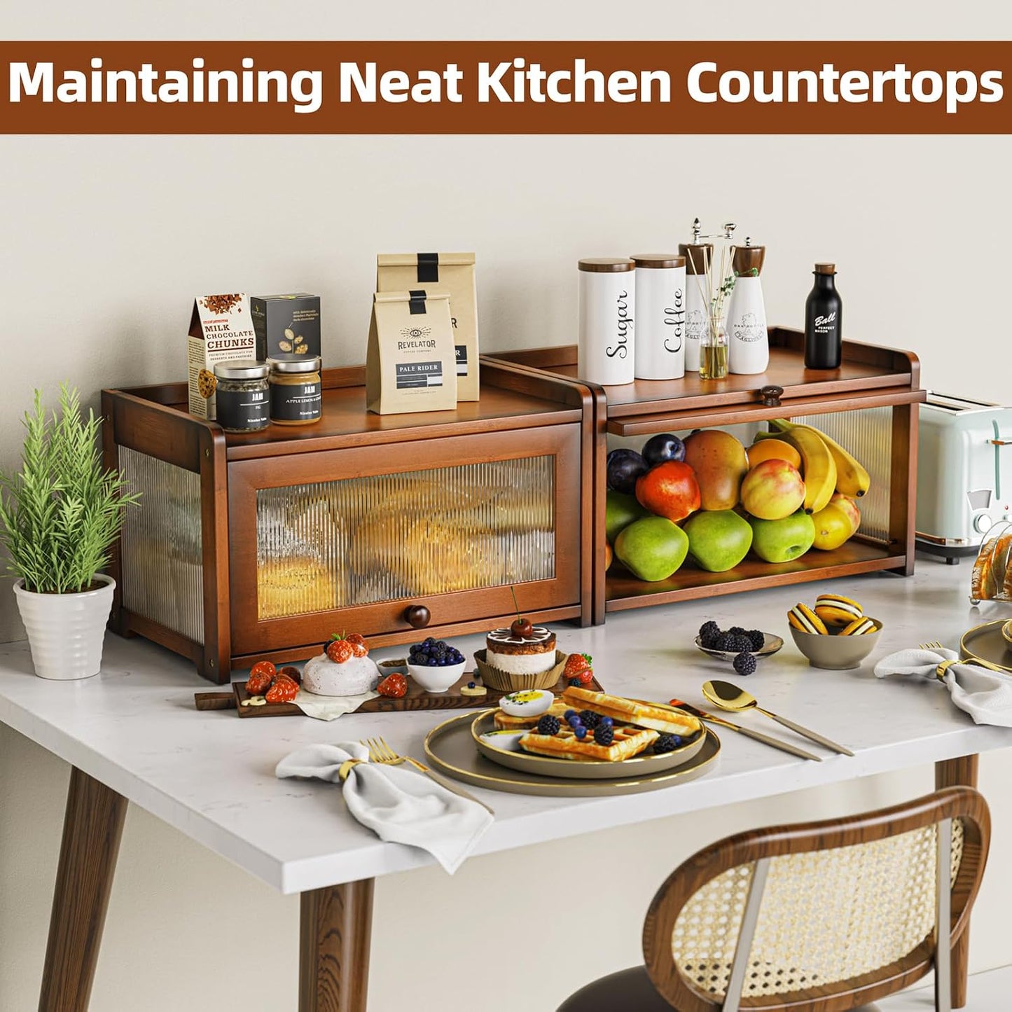BAMBANG Bamboo Bread Box for Kitchen Countertop, Extra Large Farmhouse Bread Box with 4-Side Clear Panels, Wooden Bread