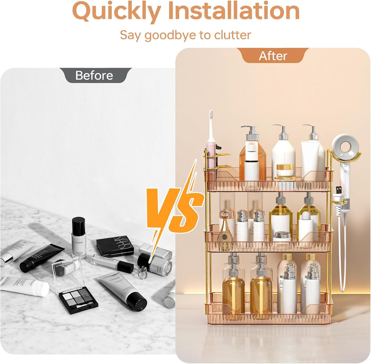 3-Tier Bathroom Countertop Organizer - Amber Acrylic Vanity Trays with Hair Dryer & Toothbrush Holder - Luxury