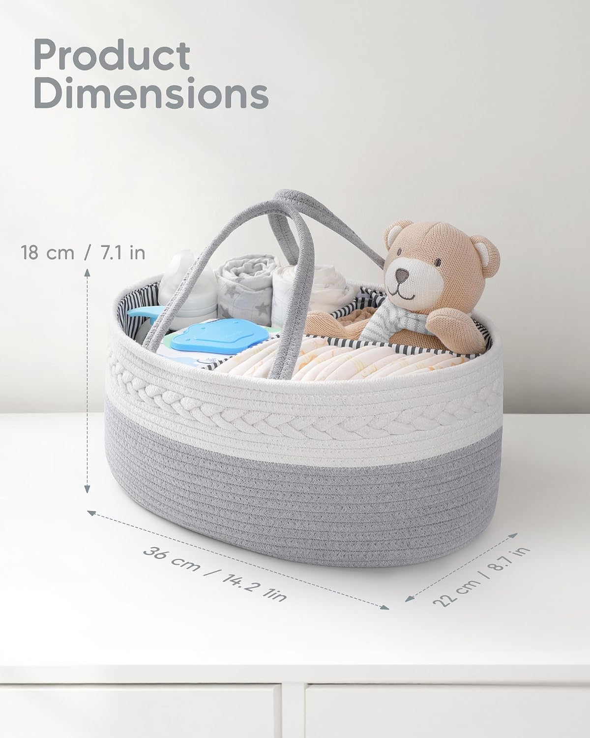Diaper Caddy Organizer for Baby Boy- Cotton Rope for Changing Table / Large / Grey